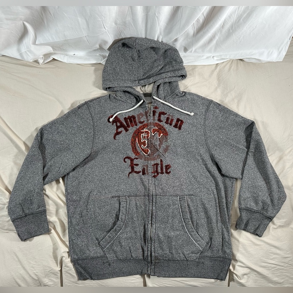 American Eagle Outfitters Vintage Y2K Grunge Distressed Full Zip Gray Hoodie 2XL
